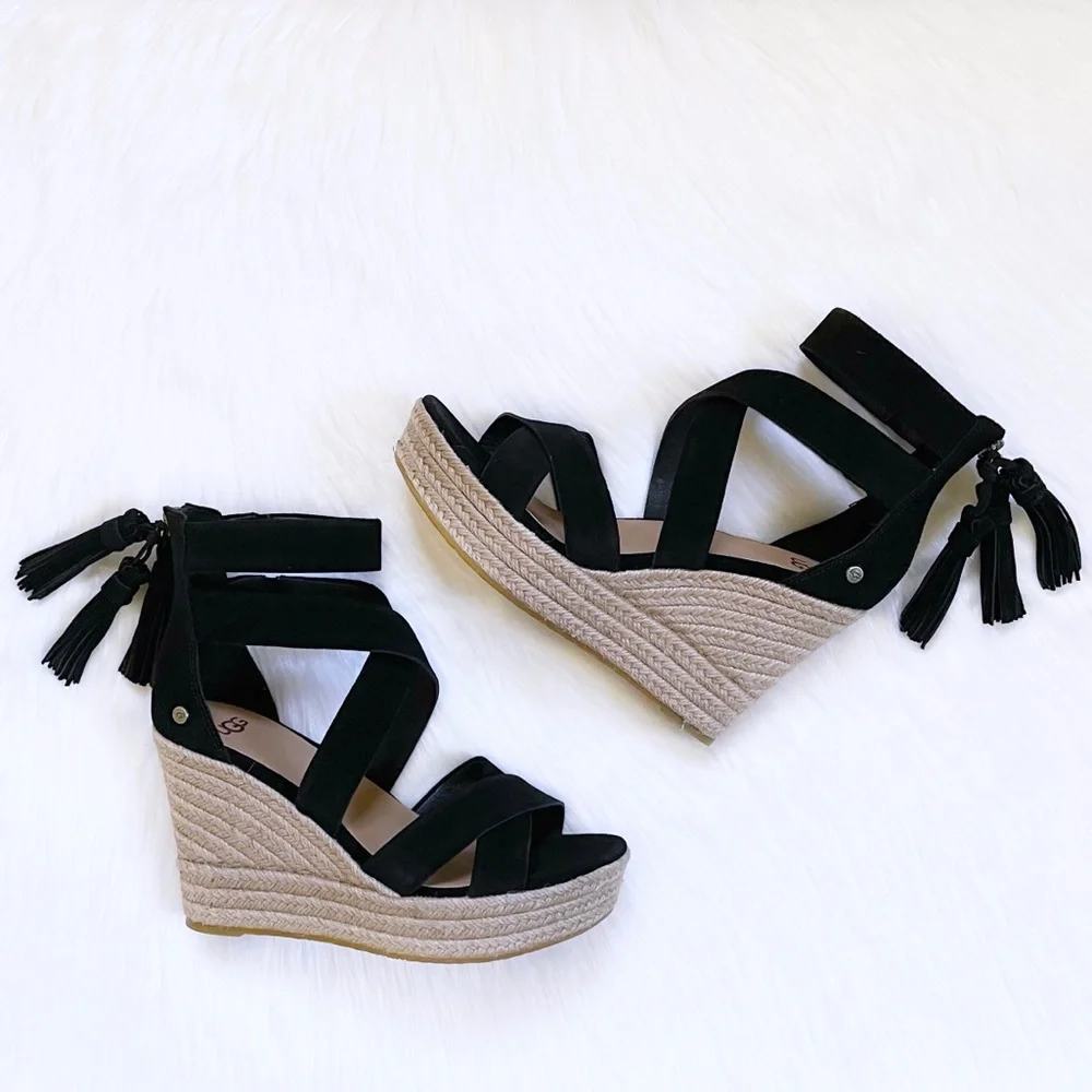 UGG Raquel Black Espadrille Platform Wedge Sandals - Picture 5 of 8